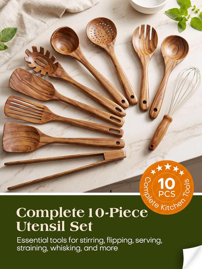 Premium 10-Piece Teak Wood Kitchen Utensil Set - Heat-Resistant, Nonstick Cooking Tools Including Spoons, Spatula, Ladle, Tongs, and Egg Whisk