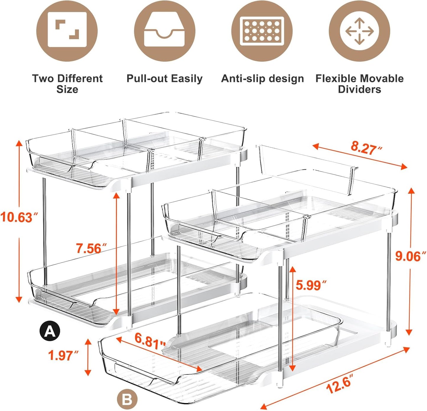 Maximize Your Space with 2-Pack 2-Tier Multi-Purpose Under Sink Organizers - Stackable Kitchen & Bathroom Storage with Pull-Out Design and Adjustable Dividers, White