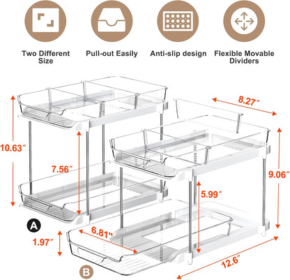 Maximize Your Space with 2-Pack 2-Tier Multi-Purpose Under Sink Organizers - Stackable Kitchen & Bathroom Storage with Pull-Out Design and Adjustable Dividers, White