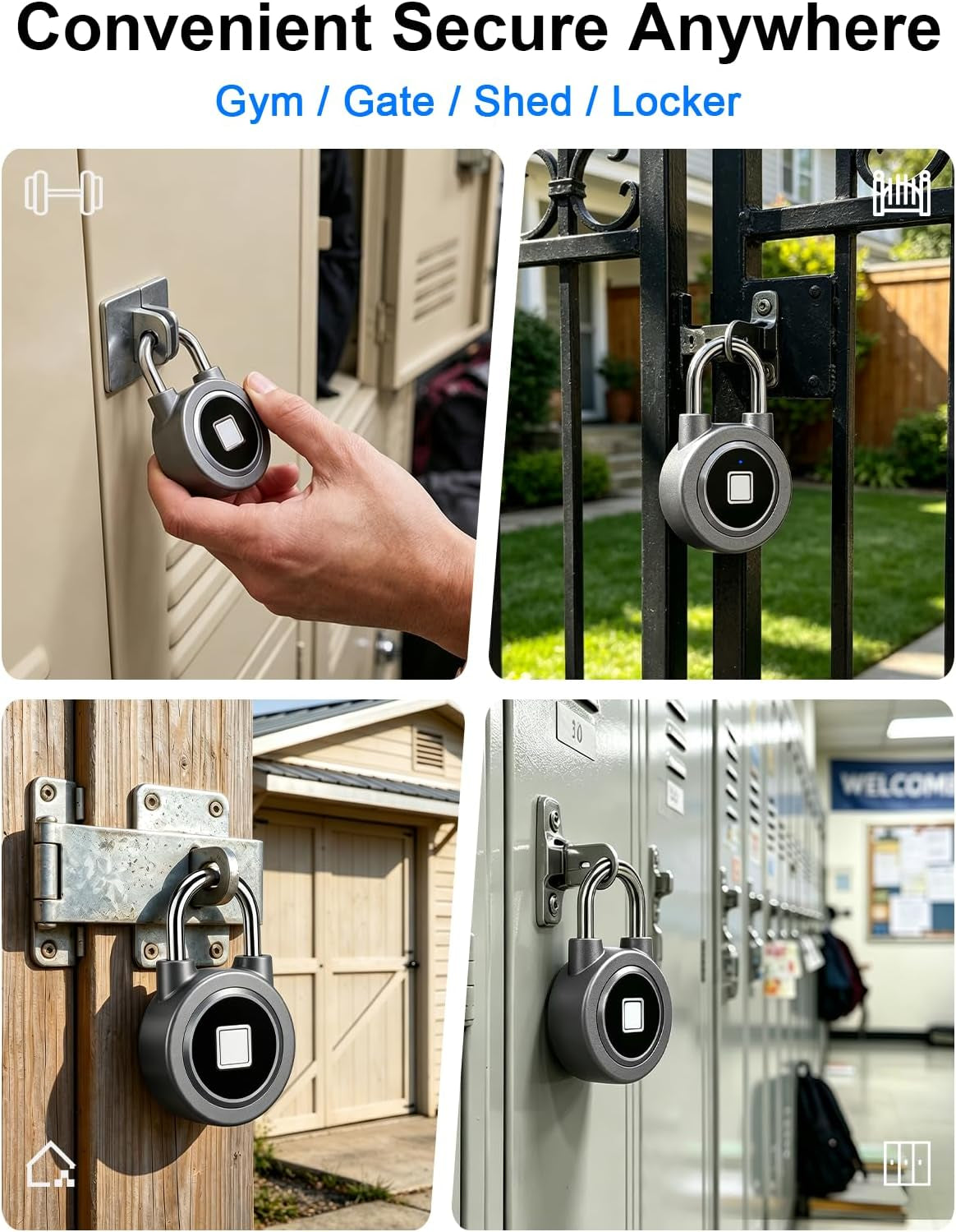 Biometric Fingerprint Lock - Bluetooth Smart Padlock for Gym, School, and More - Rechargeable & Waterproof (Grey)