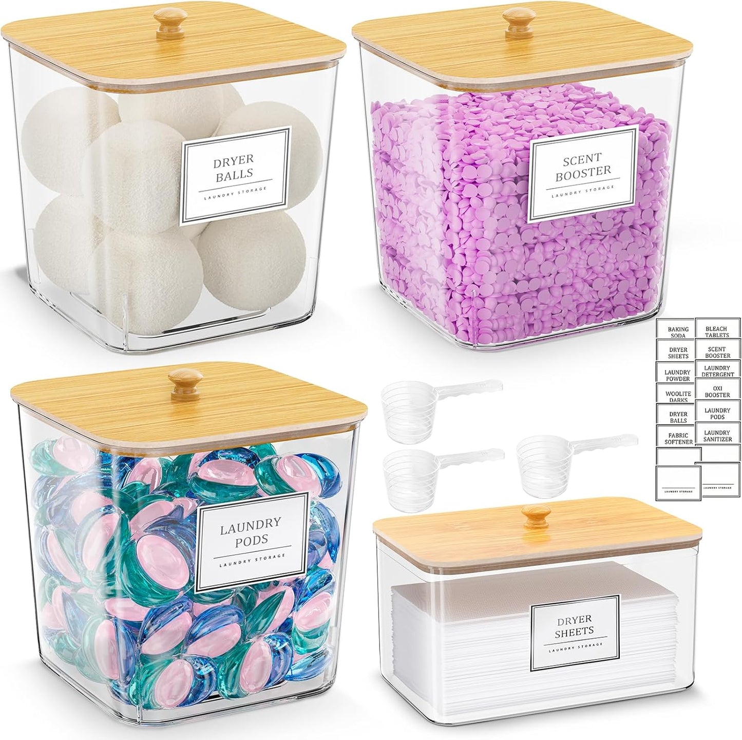 Stylish Laundry Pods Storage Container Set - Clear Organization with Wooden Lids & Labels, 3+1 Pack