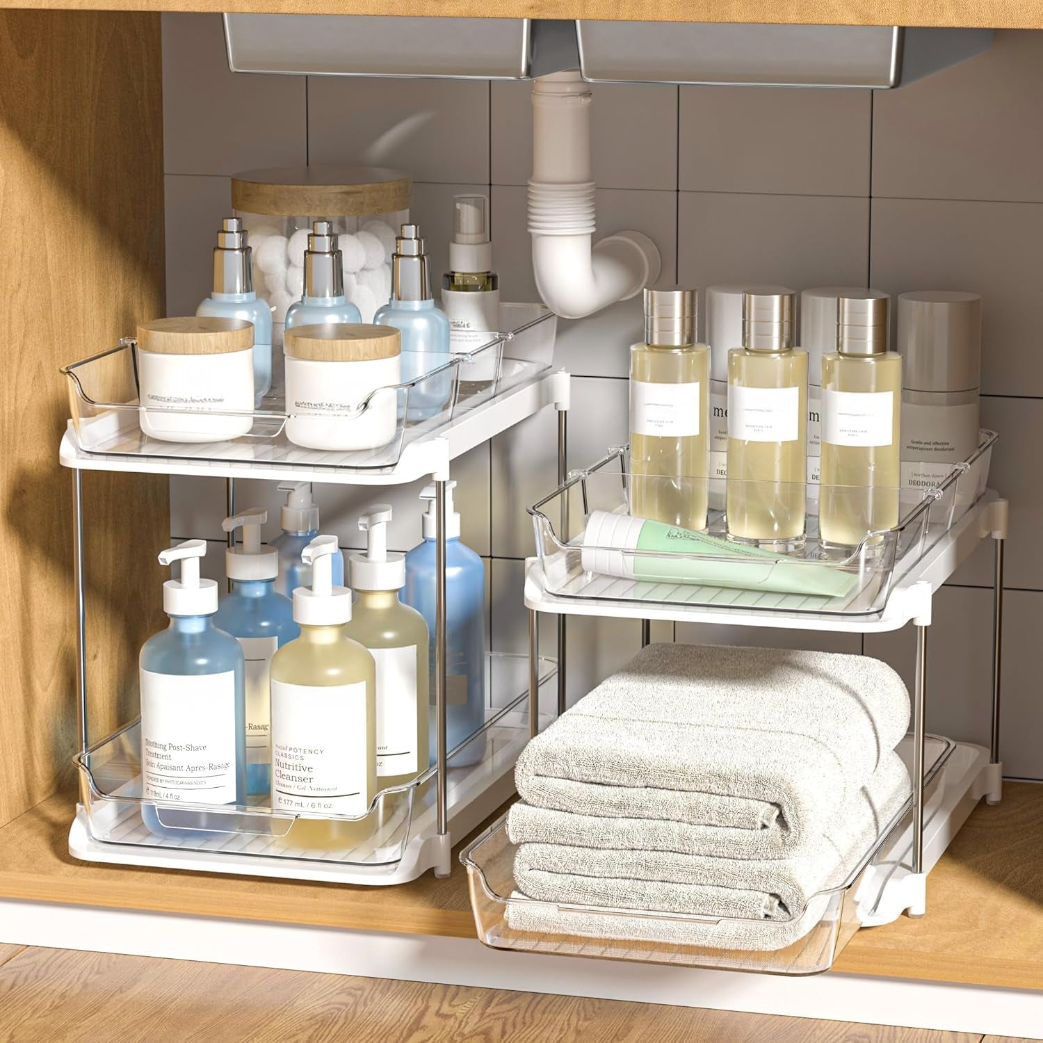Maximize Your Space with 2-Pack 2-Tier Multi-Purpose Under Sink Organizers - Stackable Kitchen & Bathroom Storage with Pull-Out Design and Adjustable Dividers, White