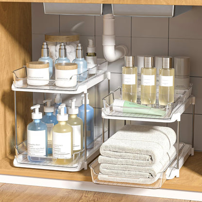 Maximize Your Space with 2-Pack 2-Tier Multi-Purpose Under Sink Organizers - Stackable Kitchen & Bathroom Storage with Pull-Out Design and Adjustable Dividers, White