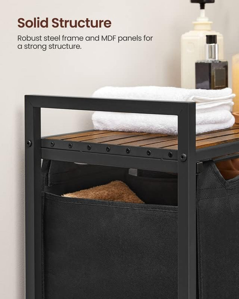 Stylish VASAGLE Laundry Hamper with 3 Removable Bags, Metal Frame & Shelf - 40L Capacity, Ink Black & Rustic Brown