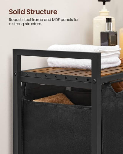 Stylish VASAGLE Laundry Hamper with 3 Removable Bags, Metal Frame & Shelf - 40L Capacity, Ink Black & Rustic Brown
