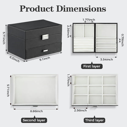 Elegant Black Jewelry Organizer Box - 3 Layers with Drawer & Movable Metal Stand, Perfect Gift for Women & Girls!