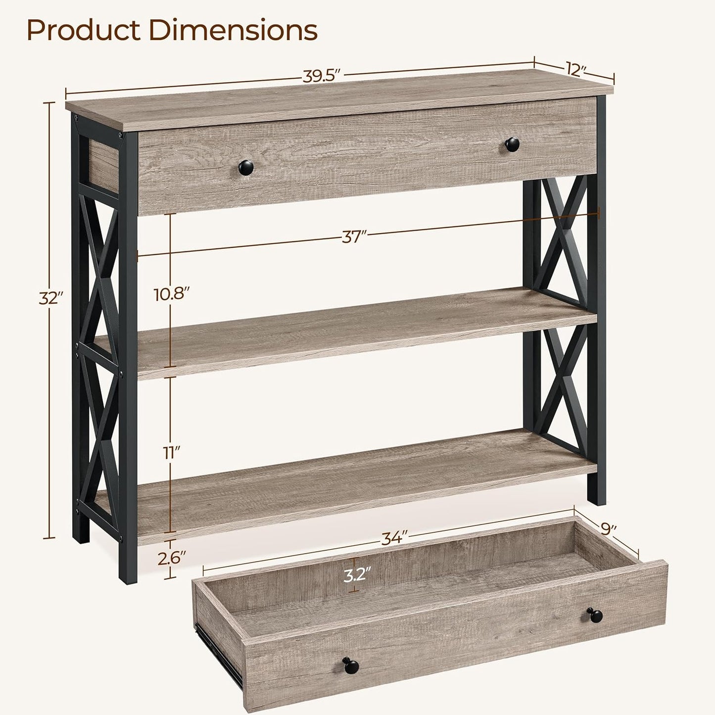 Stylish Gray Console Table with Drawer & 3-Tier Storage - Perfect for Narrow Hallways & Small Spaces!