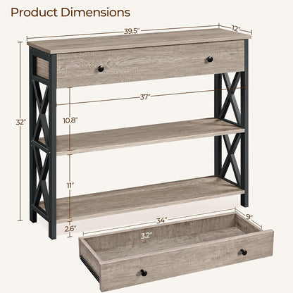Stylish Gray Console Table with Drawer & 3-Tier Storage - Perfect for Narrow Hallways & Small Spaces!