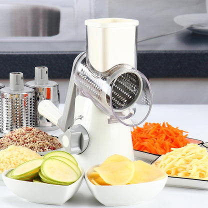 Premium Rotary Cheese Grater - Hand Crank Shredder with Non-Slip Suction Base & 3 Blades for Fresh Cheese, Vegetables, and Nuts - Sleek White Design