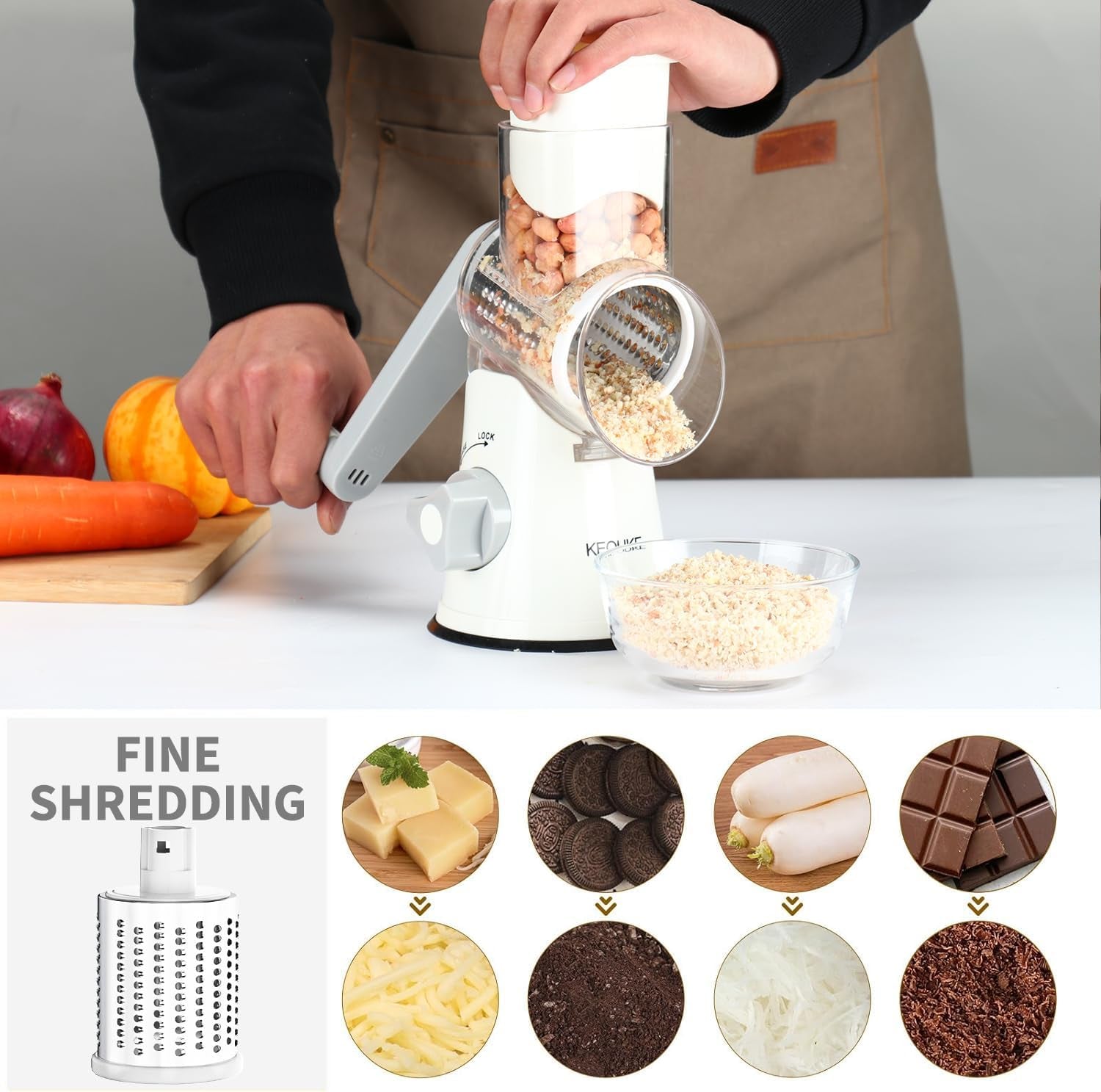 Premium Rotary Cheese Grater - Hand Crank Shredder with Non-Slip Suction Base & 3 Blades for Fresh Cheese, Vegetables, and Nuts - Sleek White Design