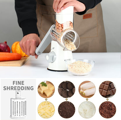 Premium Rotary Cheese Grater - Hand Crank Shredder with Non-Slip Suction Base & 3 Blades for Fresh Cheese, Vegetables, and Nuts - Sleek White Design