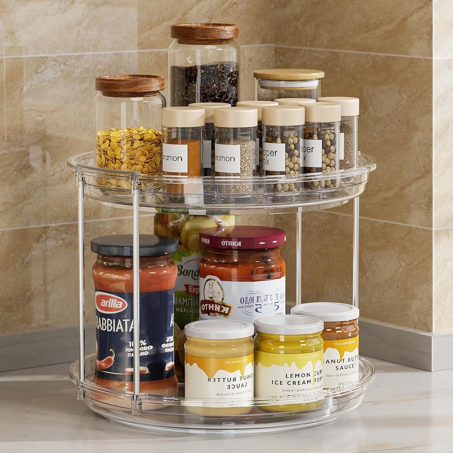 Maximize Your Space with the 2 Tier Lazy Susan Turntable Organizer - Perfect for Spices, Kitchen, Bathroom, and More!