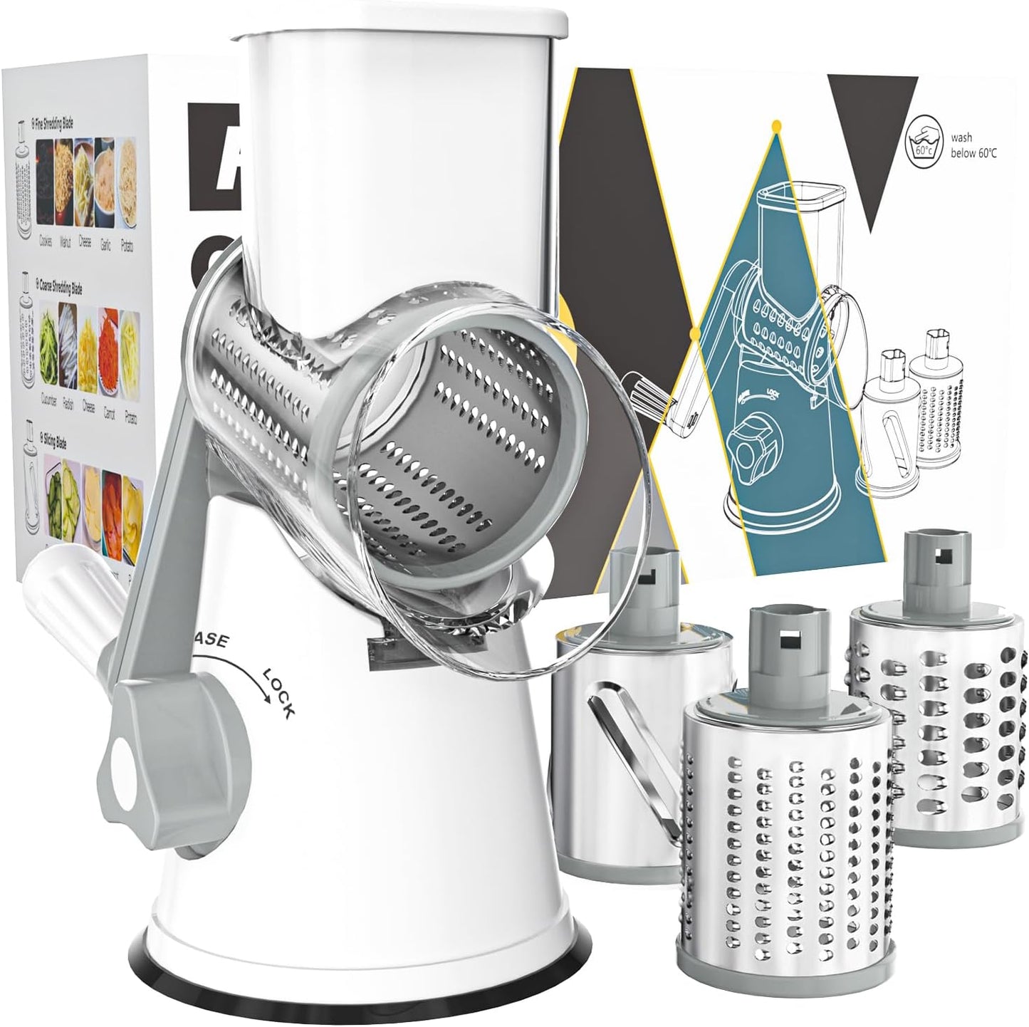 Premium Rotary Cheese Grater - Hand Crank Shredder with Non-Slip Suction Base & 3 Blades for Fresh Cheese, Vegetables, and Nuts - Sleek White Design