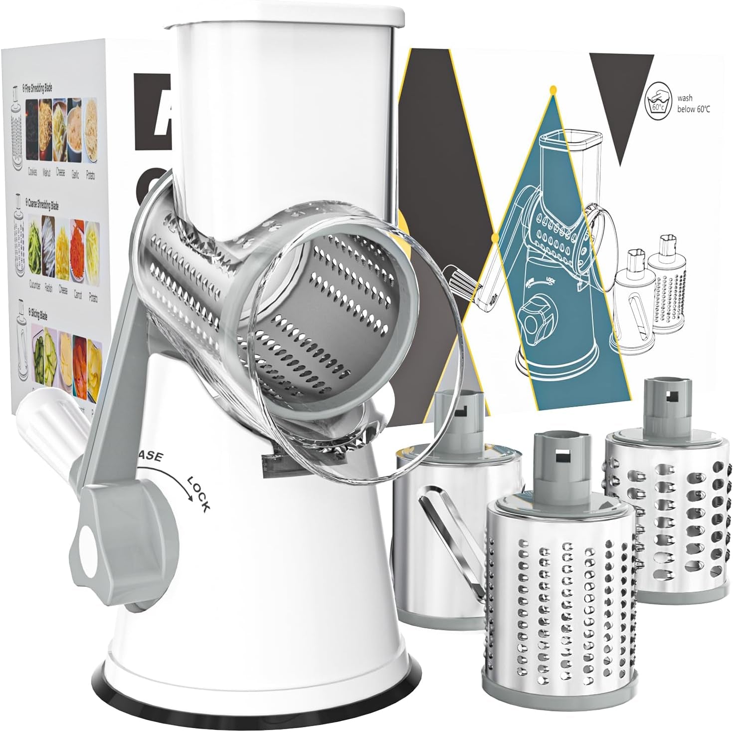 Premium Rotary Cheese Grater - Hand Crank Shredder with Non-Slip Suction Base & 3 Blades for Fresh Cheese, Vegetables, and Nuts - Sleek White Design