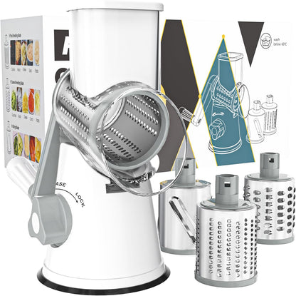 Premium Rotary Cheese Grater - Hand Crank Shredder with Non-Slip Suction Base & 3 Blades for Fresh Cheese, Vegetables, and Nuts - Sleek White Design