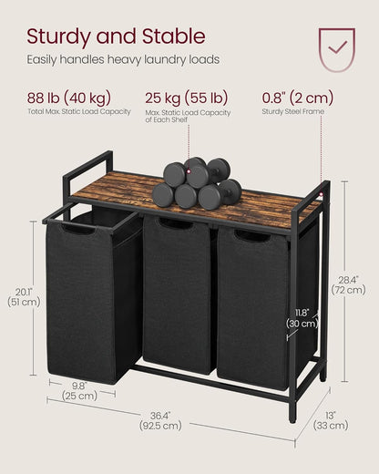 Stylish VASAGLE Laundry Hamper with 3 Removable Bags, Metal Frame & Shelf - 40L Capacity, Ink Black & Rustic Brown