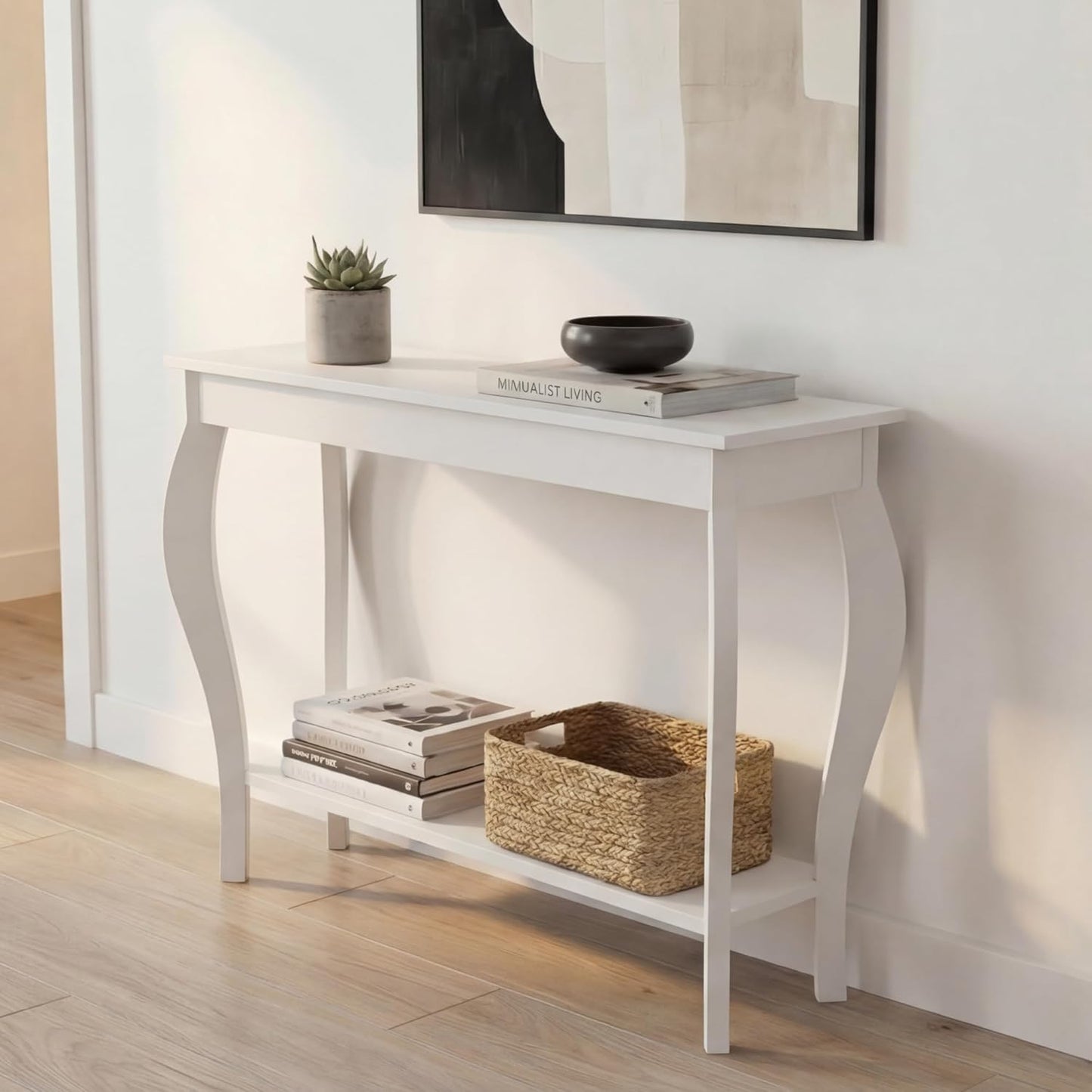 Elegant 39" White Narrow Entryway Table with Storage Shelf - Chic Console Table with Curved Legs for Living Room, Hallway, and Entryway
