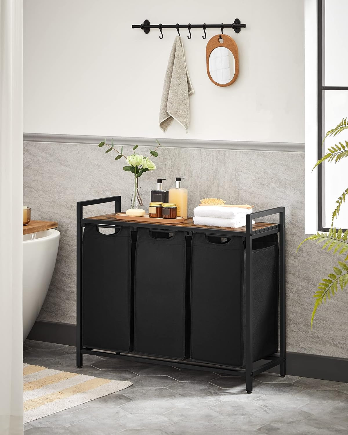 Stylish VASAGLE Laundry Hamper with 3 Removable Bags, Metal Frame & Shelf - 40L Capacity, Ink Black & Rustic Brown