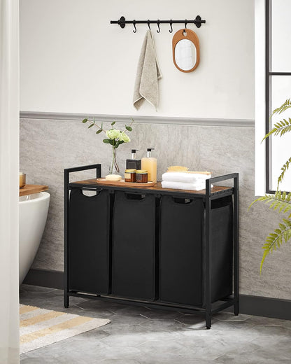 Stylish VASAGLE Laundry Hamper with 3 Removable Bags, Metal Frame & Shelf - 40L Capacity, Ink Black & Rustic Brown