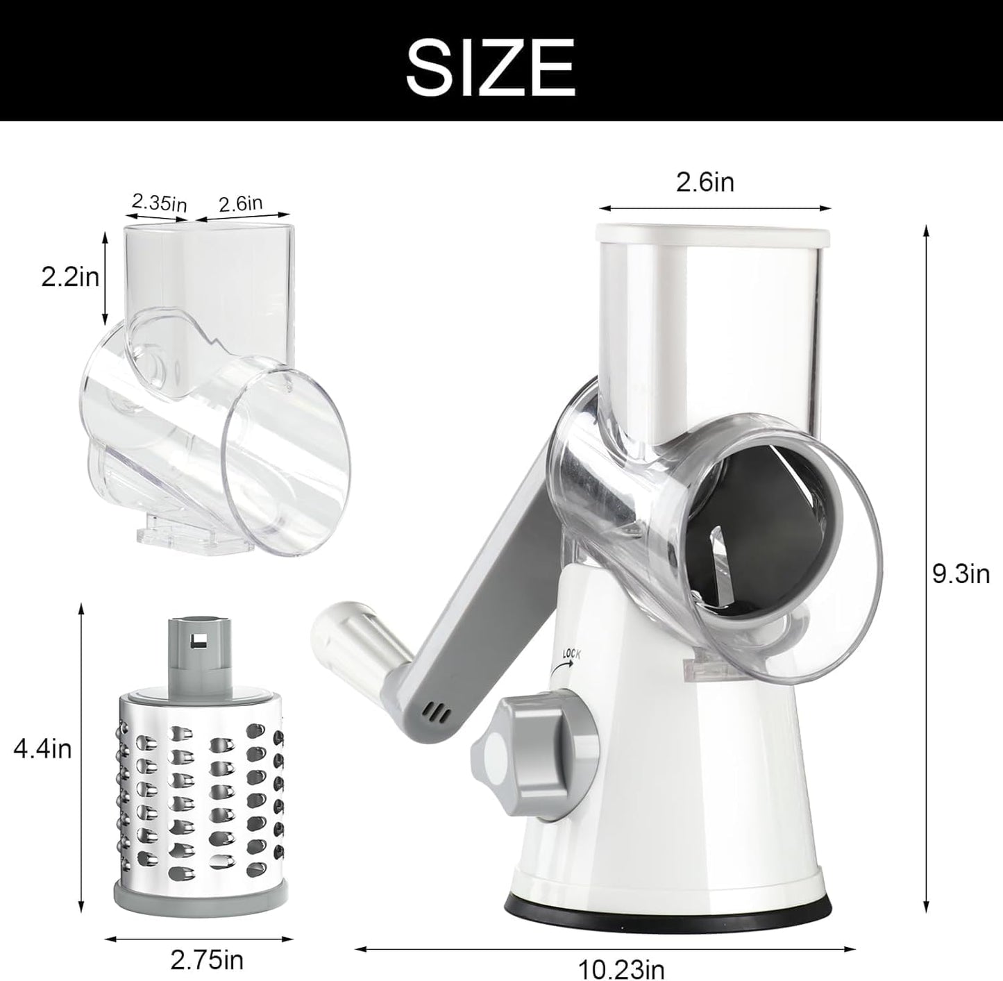 Premium Rotary Cheese Grater - Hand Crank Shredder with Non-Slip Suction Base & 3 Blades for Fresh Cheese, Vegetables, and Nuts - Sleek White Design