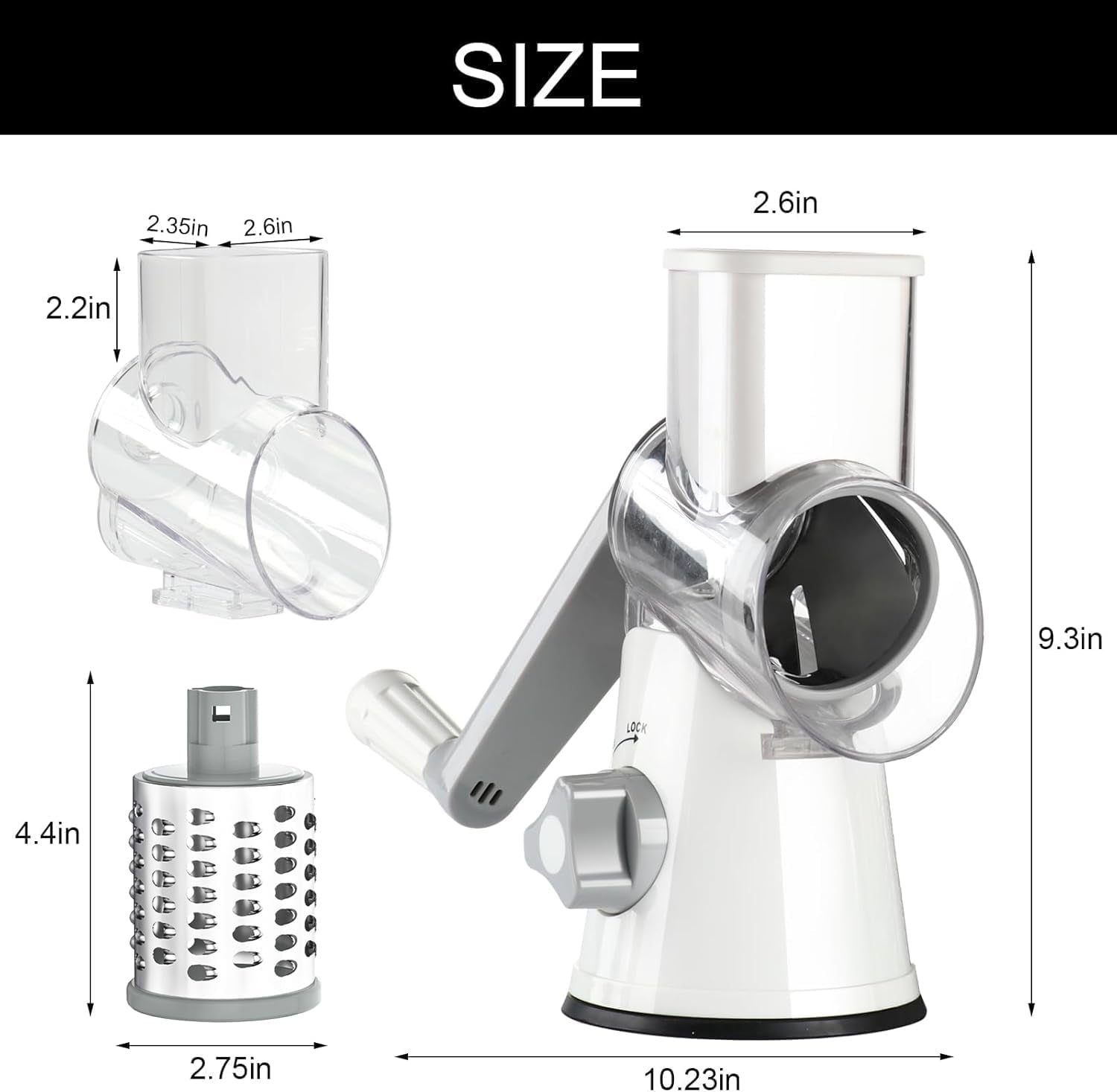 Premium Rotary Cheese Grater - Hand Crank Shredder with Non-Slip Suction Base & 3 Blades for Fresh Cheese, Vegetables, and Nuts - Sleek White Design