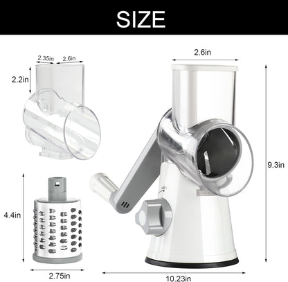 Premium Rotary Cheese Grater - Hand Crank Shredder with Non-Slip Suction Base & 3 Blades for Fresh Cheese, Vegetables, and Nuts - Sleek White Design