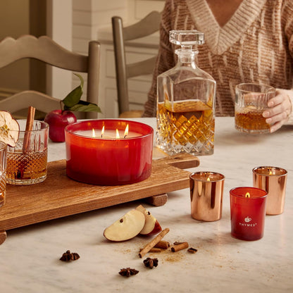 Indulge in Luxury with Thymes Aromatic Votive Trio – Set of 3 Scented Candles in Simmered Cider, Infused with Freshly Pressed Apple, Clove & Cardamom – Elegant Red & Rose Gold Design