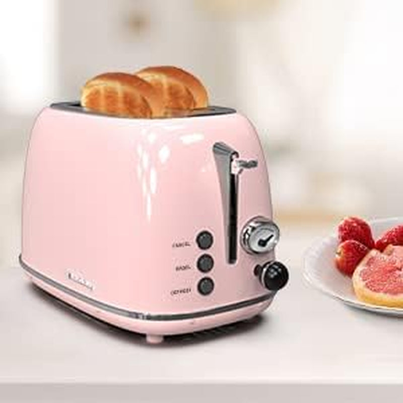 Chic Baby Pink Retro 2-Slice Toaster - 6 Settings, Extra Wide Slots, Bagel/Defrost/Cancel Functions, Removable Crumb Tray