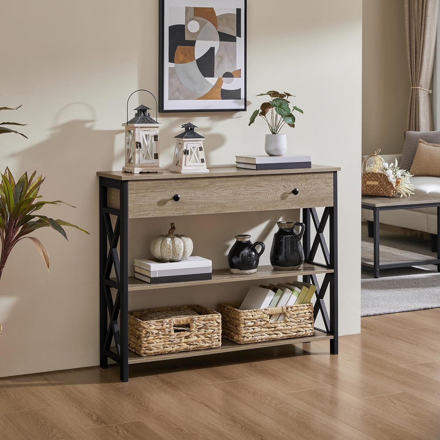 Stylish Gray Console Table with Drawer & 3-Tier Storage - Perfect for Narrow Hallways & Small Spaces!