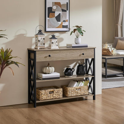 Stylish Gray Console Table with Drawer & 3-Tier Storage - Perfect for Narrow Hallways & Small Spaces!