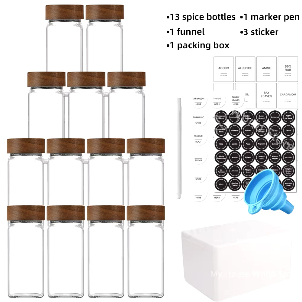 Stylish 13-Piece Glass Spice Jar Set with Bamboo Lids - 4oz Seasoning Organizers for a Neat Spice Rack