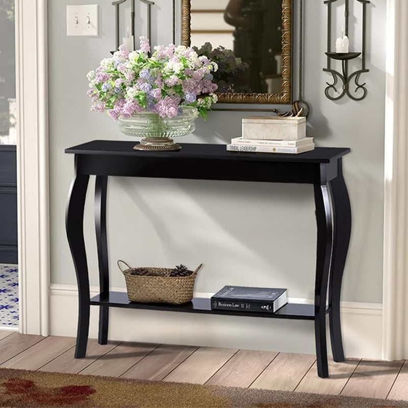 Stylish 39" Black Narrow Entryway Table with Storage Shelf - Elegant Console Table with Curved Legs for Living Room, Hallway, and Entryway