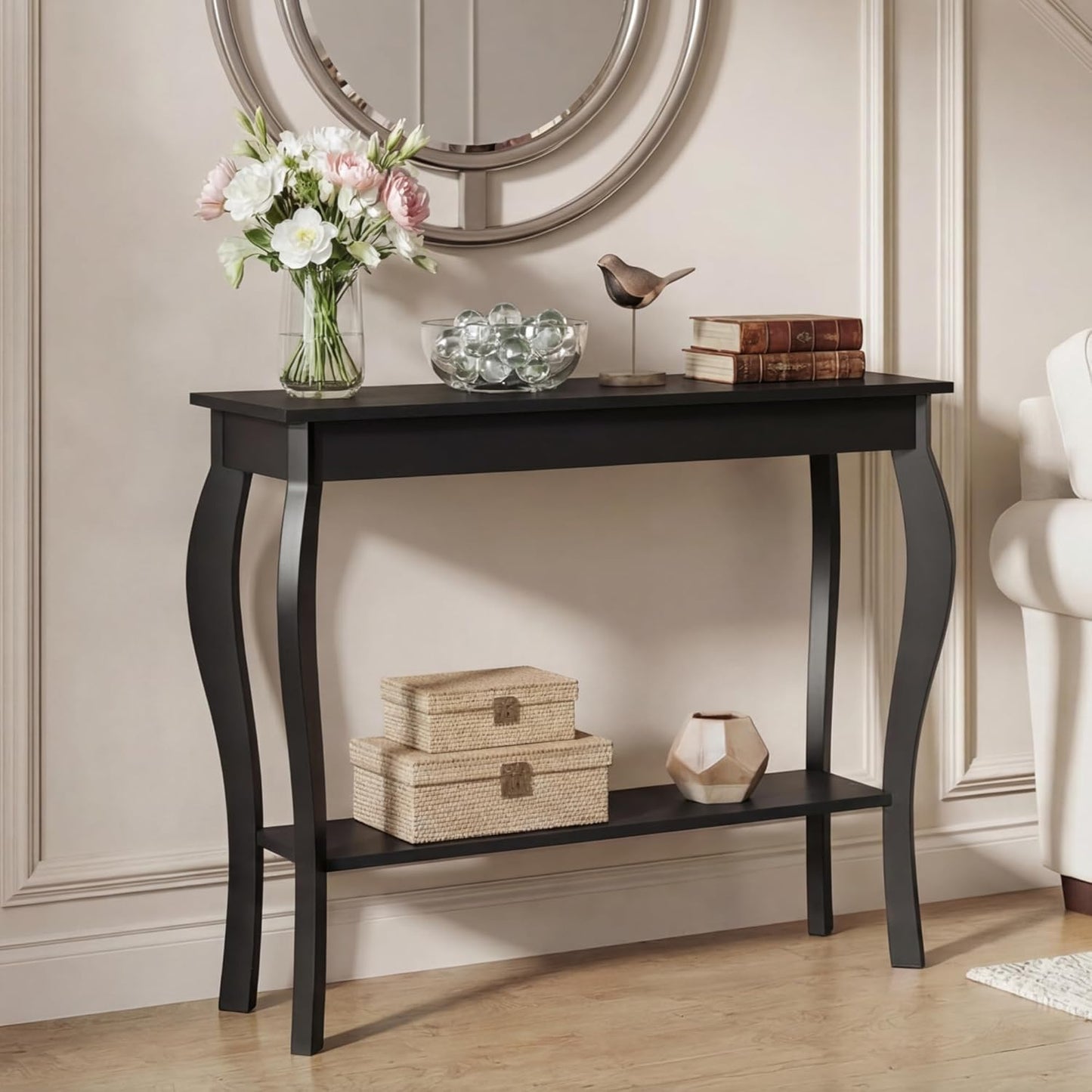 Stylish 39" Black Narrow Entryway Table with Storage Shelf - Elegant Console Table with Curved Legs for Living Room, Hallway, and Entryway