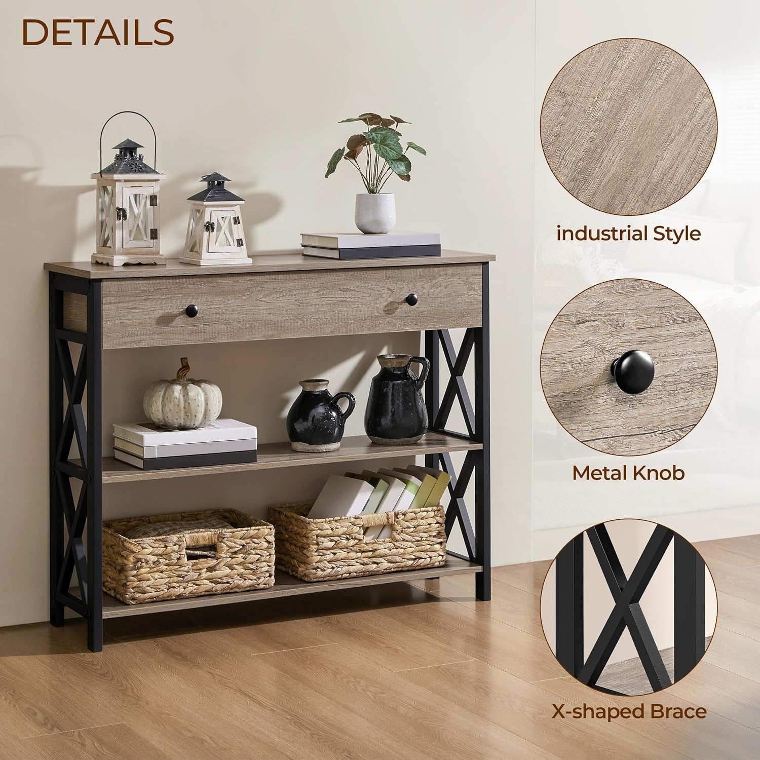 Stylish Gray Console Table with Drawer & 3-Tier Storage - Perfect for Narrow Hallways & Small Spaces!