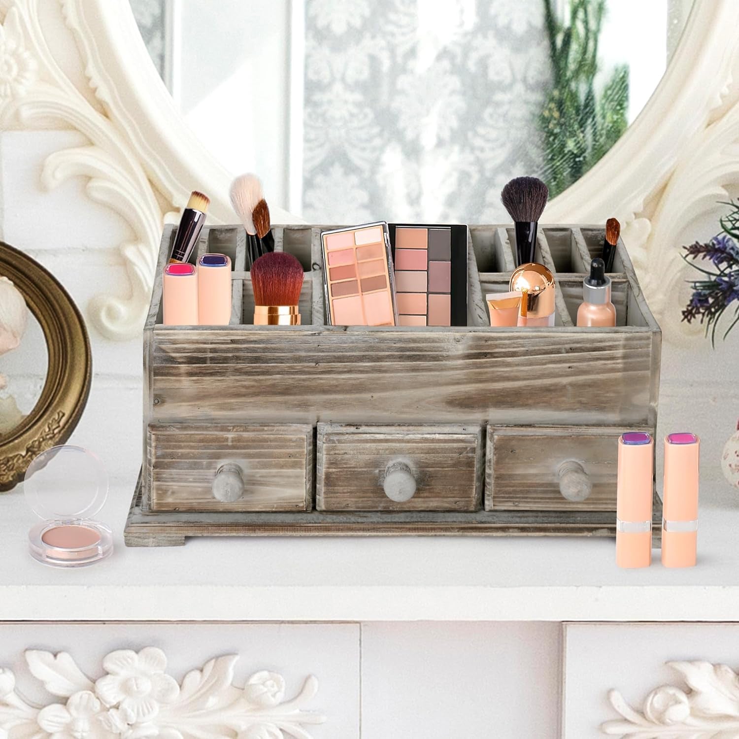 Chic Rustic Vanity Organizer - Wooden Farmhouse Storage Box with 3 Drawers for Makeup & Bathroom Accessories