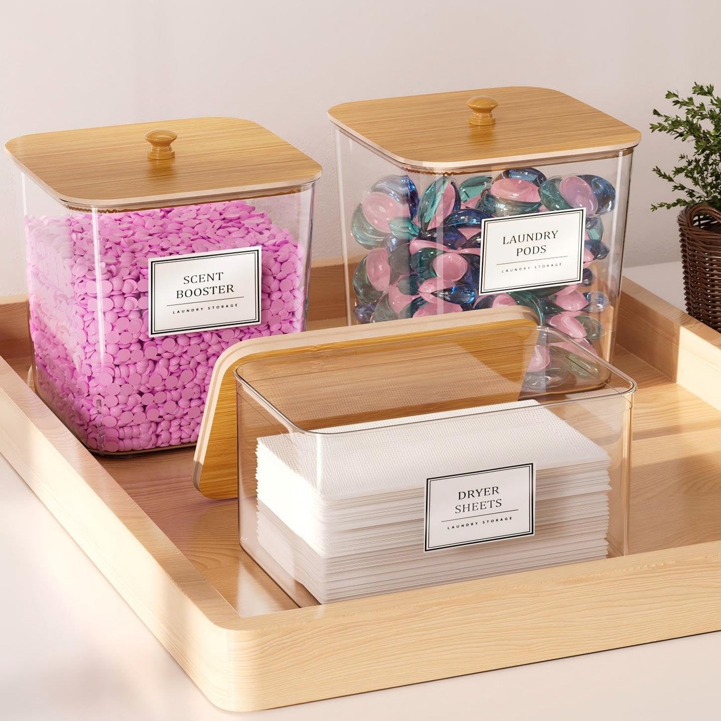 Stylish Laundry Pods Storage Container Set - Clear Organization with Wooden Lids & Labels, 3+1 Pack