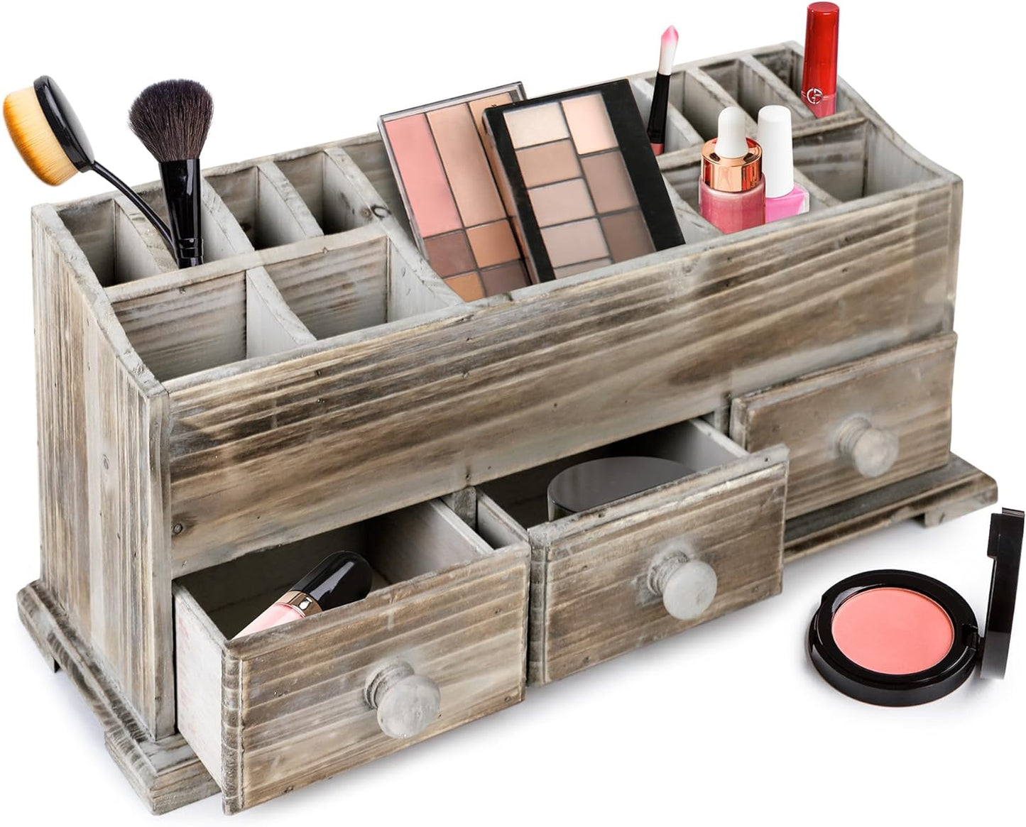 Chic Rustic Vanity Organizer - Wooden Farmhouse Storage Box with 3 Drawers for Makeup & Bathroom Accessories