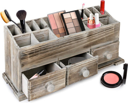 Chic Rustic Vanity Organizer - Wooden Farmhouse Storage Box with 3 Drawers for Makeup & Bathroom Accessories