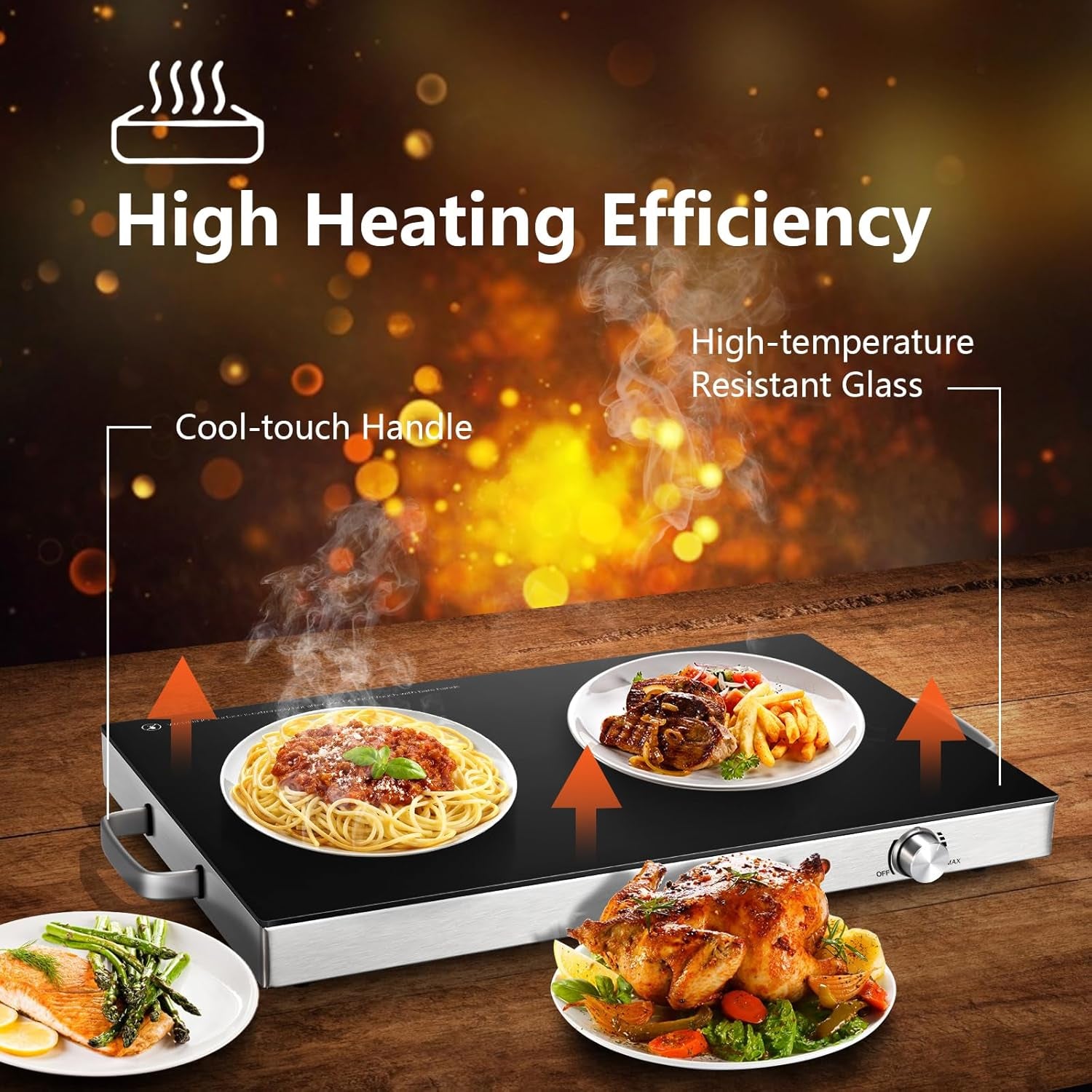 Electric Food Warmer Set - 2 Pack 22''X15'' Adjustable Temperature Buffet Warmers with Tempered Glass Surface - Perfect for Parties, Events, and Restaurants