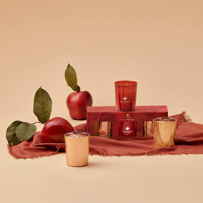 Indulge in Luxury with Thymes Aromatic Votive Trio – Set of 3 Scented Candles in Simmered Cider, Infused with Freshly Pressed Apple, Clove & Cardamom – Elegant Red & Rose Gold Design