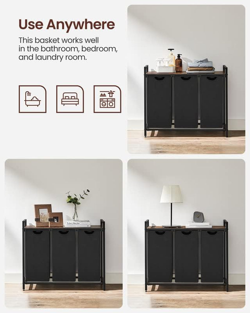 Stylish VASAGLE Laundry Hamper with 3 Removable Bags, Metal Frame & Shelf - 40L Capacity, Ink Black & Rustic Brown