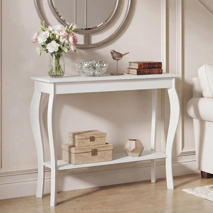 Elegant 39" White Narrow Entryway Table with Storage Shelf - Chic Console Table with Curved Legs for Living Room, Hallway, and Entryway