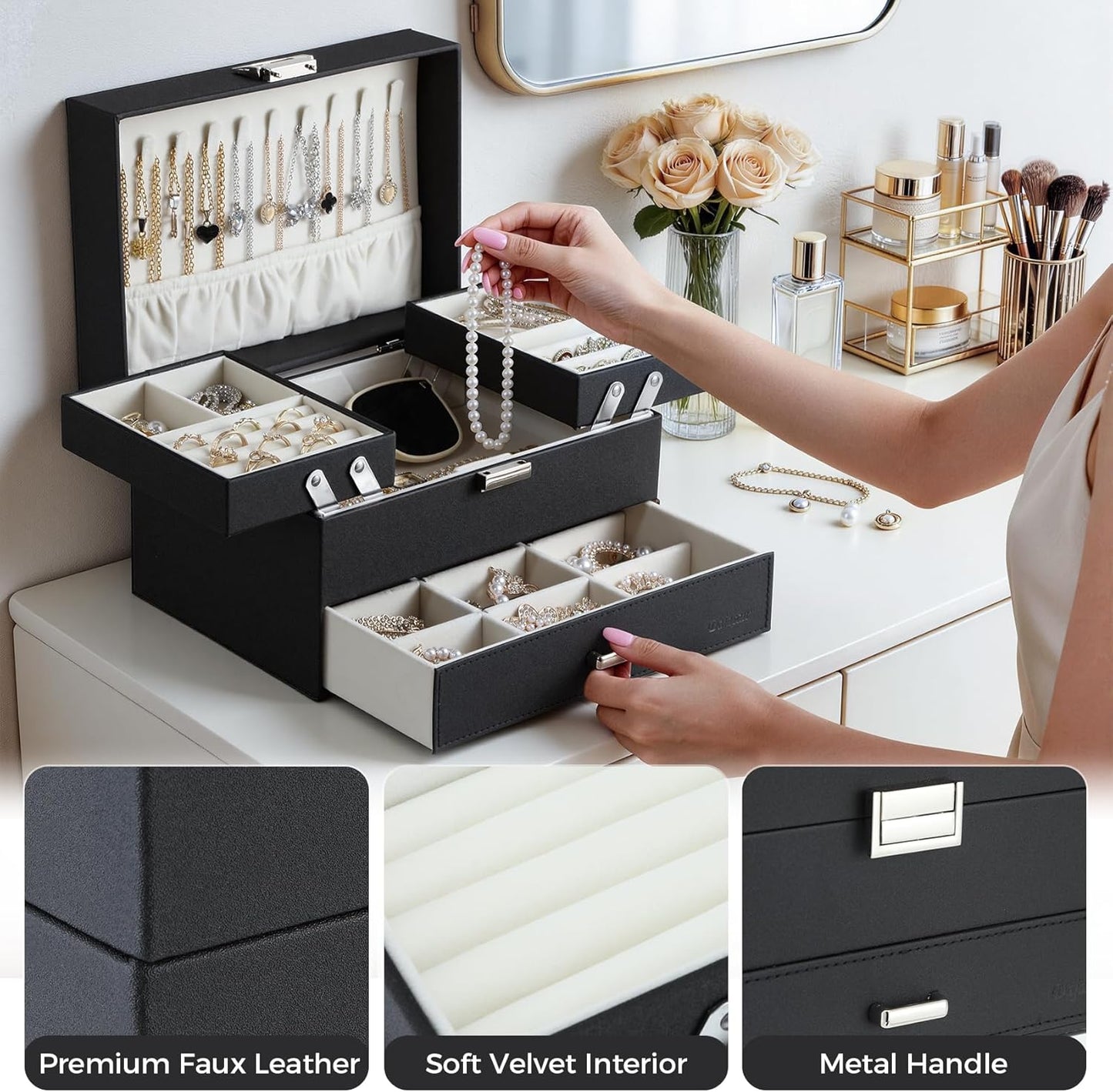 Elegant Black Jewelry Organizer Box - 3 Layers with Drawer & Movable Metal Stand, Perfect Gift for Women & Girls!