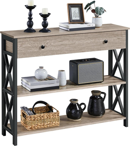 Stylish Gray Console Table with Drawer & 3-Tier Storage - Perfect for Narrow Hallways & Small Spaces!